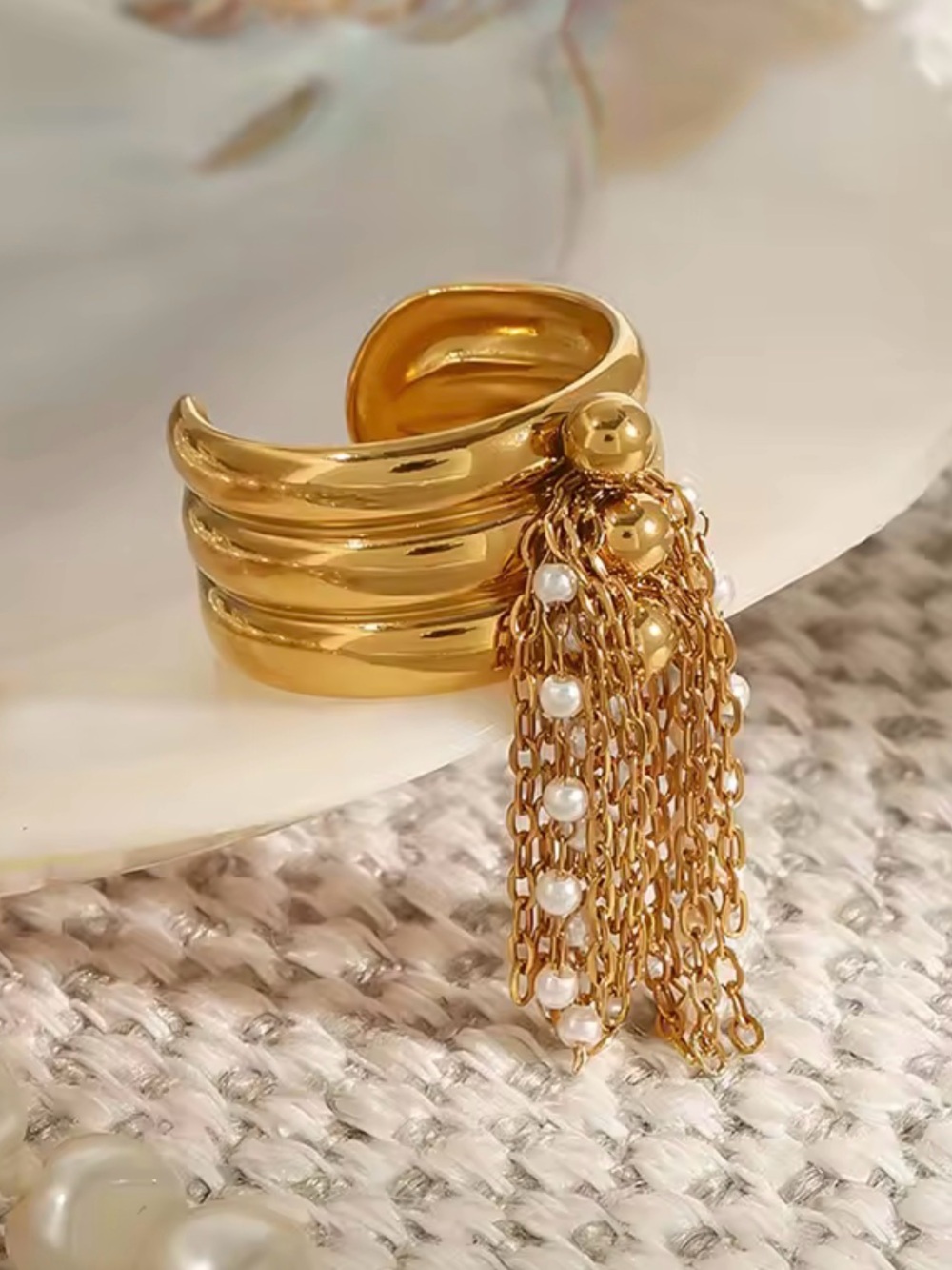 Gold Pearl Tassel Adjustable Band Ring